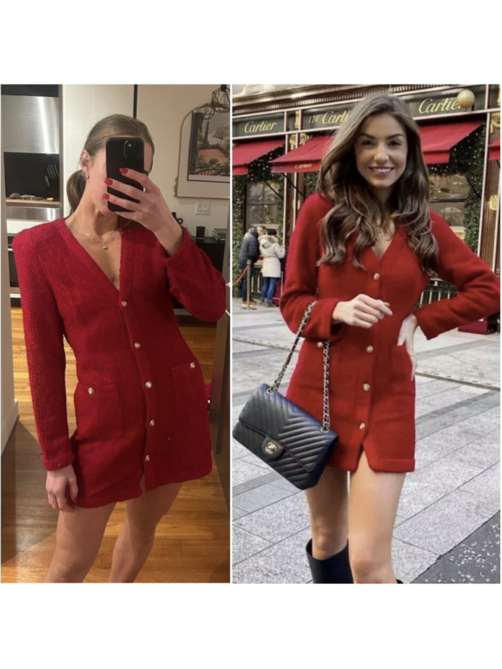Zara Red Tweed Bouclé Blazer Dress Gold Button Longline Jacket Size S